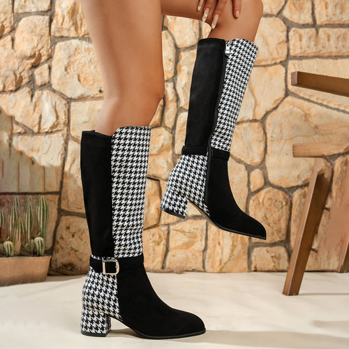 Damen kniehohe Stiefel mit Hahnentritt-Schaft, seitlichem Reißverschluss und komfortablem Blockabsatz Drune