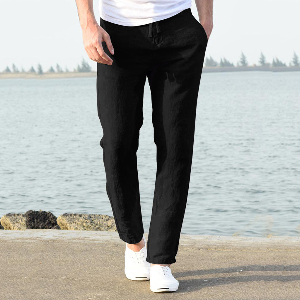 Herren lässige Leinenhose mit elastischem Bund und seitlichen Taschen Drune