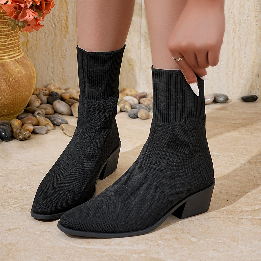 Damen Strick-Stiefelette mit sockenhaftem Schaft und mittelhohem Blockabsatz Drune