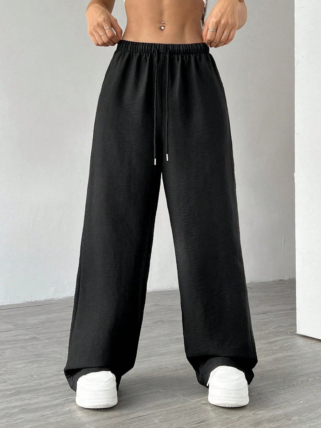 Damen Weite Lounge-Hose mit hohem Elastikbund und Kordelzug Drune