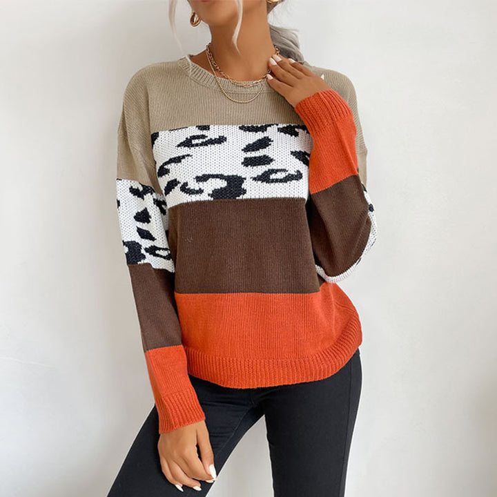 Damen Colorblock Strickpullover mit Leopardenprint-Einsatz und lässiger Oversize-Passform Drune