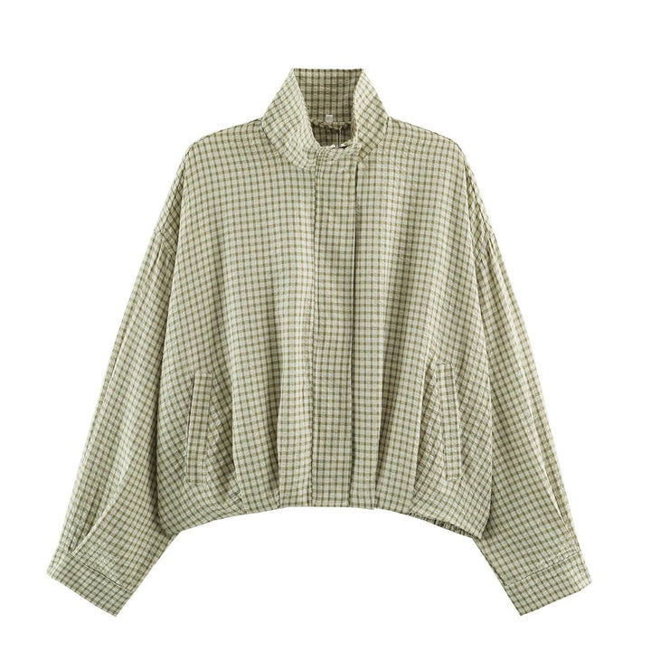 Damen Karo-Übergangsjacke im Oversize-Cropped-Schnitt mit hohem Stehkragen Drune