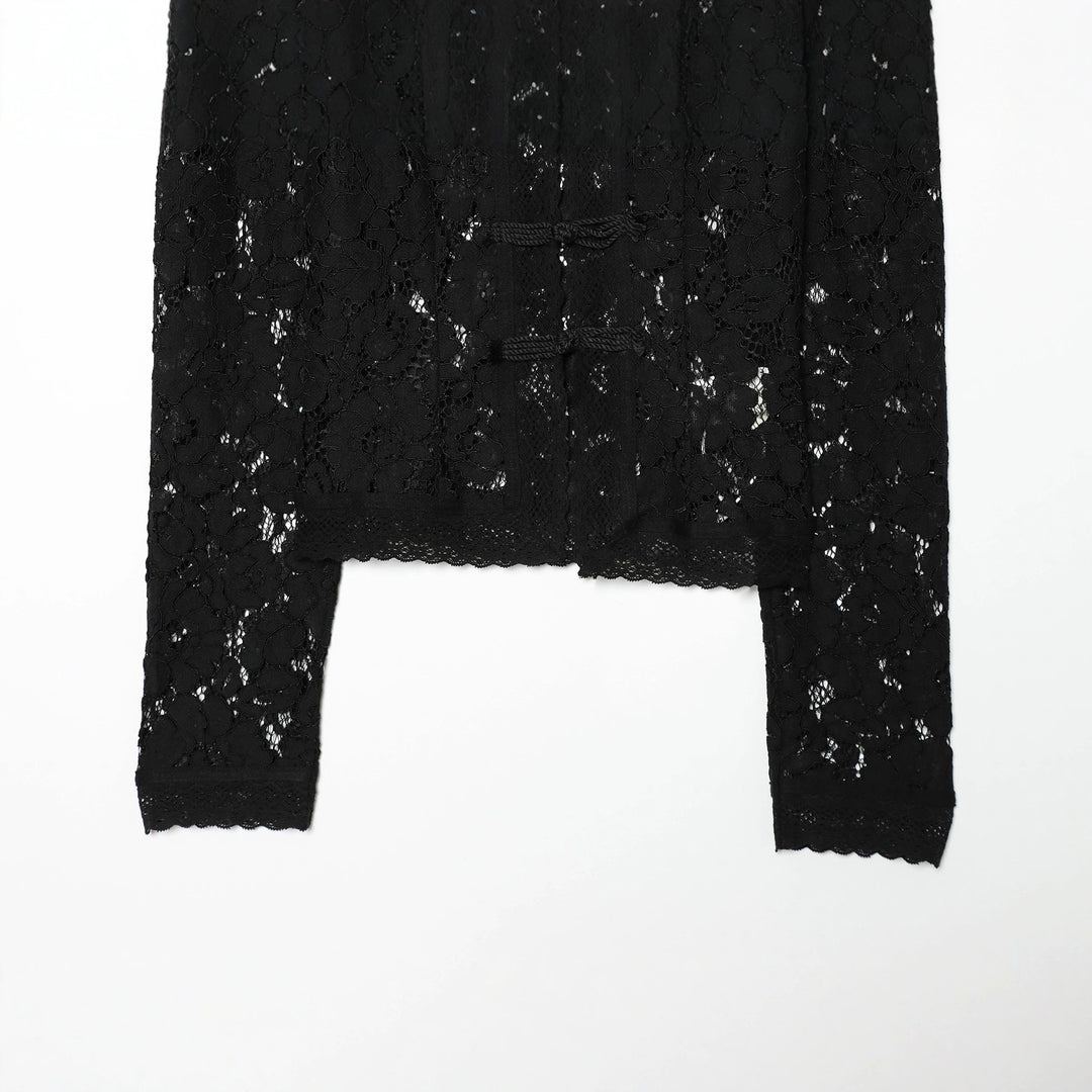 Damen nan elegante Spitzenjacke mit Stehkragen, dekorativen Kordelverschlüssen und cropped Silhouette Drune