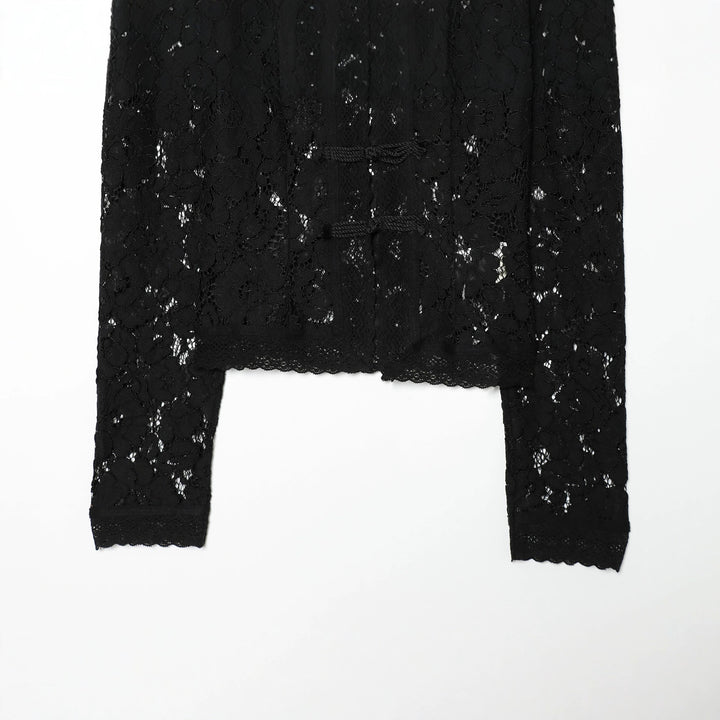 Damen nan elegante Spitzenjacke mit Stehkragen, dekorativen Kordelverschlüssen und cropped Silhouette Drune