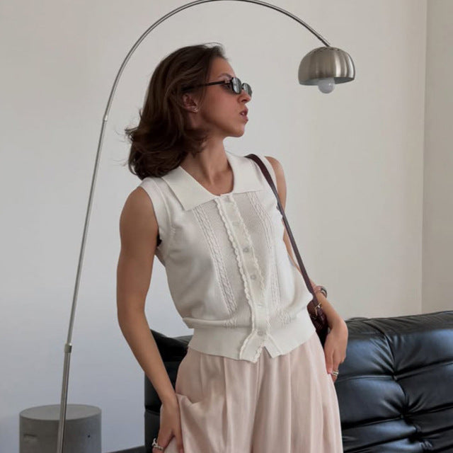 Damen Ärmelloses Stricktop mit Hemdkragen, Zierknopfleiste und feiner Strukturierung Drune
