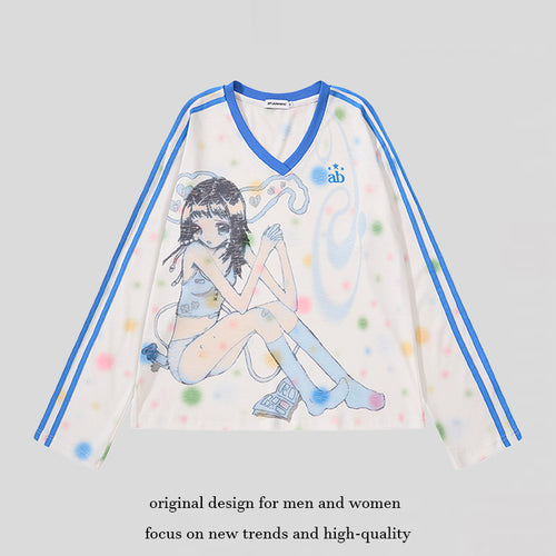 Damen Cropped Mesh-Longsleeve mit V-Ausschnitt, Anime-Print und Kontraststreifen Drune