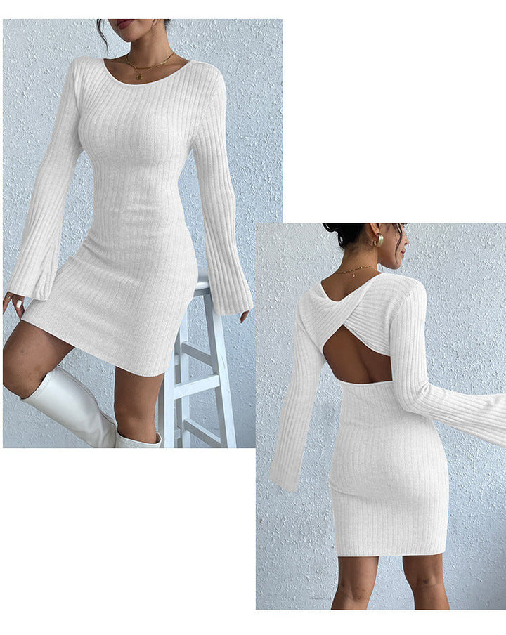 Drune | Langärmliges Trompetenärmel Offener Rücken Strickkleid