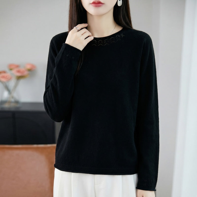 Damen Leichter Feinstrick-Rundhalspullover mit Ajourspitzen‑Detail und legerer Silhouette Drune