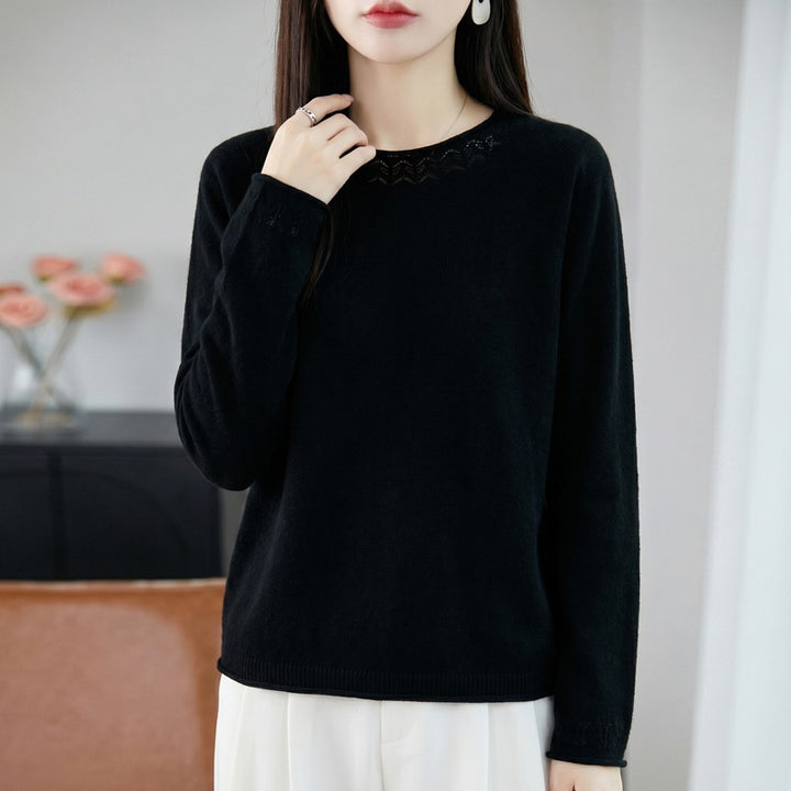 Damen Leichter Feinstrick-Rundhalspullover mit Ajourspitzen‑Detail und legerer Silhouette Drune