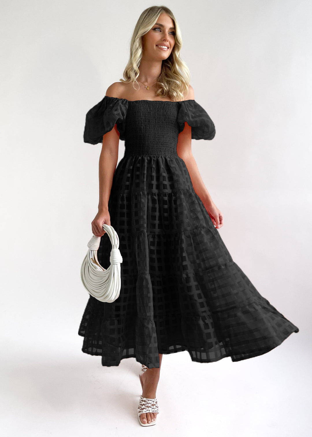Damen Maxi-Kleid mit Puffärmeln und elastischem Oberteil Drune