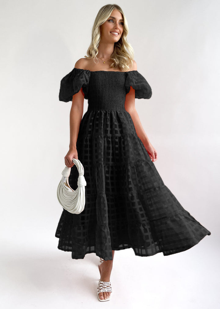 Damen Maxi-Kleid mit Puffärmeln und elastischem Oberteil Drune