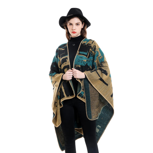 Damen Oversize-Umhangruana aus Wollmix mit abstraktem Jacquard und Zierstichkante Drune