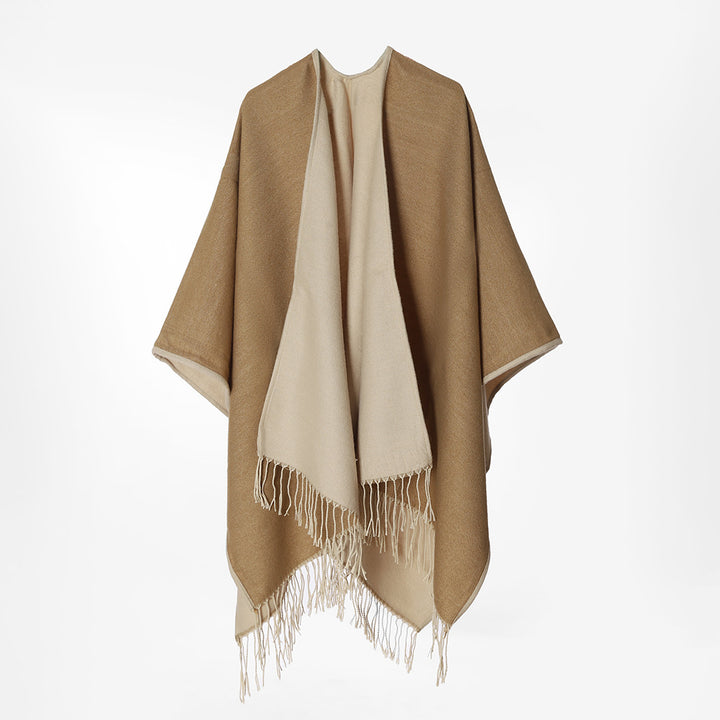 Damen Reversibler Capeponcho im Layer‑Look mit Fransen und kastigem Oversize‑Fall Drune