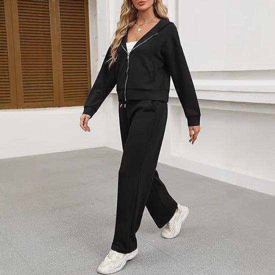 Damen nan Casual-Lounge-Set mit taillierter Zip-Kapuzenjacke, Kordelzug und weitem Palazzo-Jogger Drune