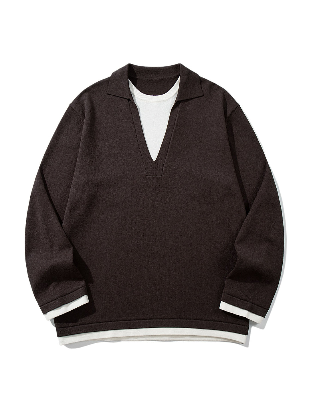 Unisex Lässiger Oversize Strickpullover mit tiefem V Einsatz und Hemd‑Layer Optik Drune