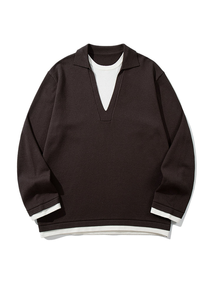 Unisex Lässiger Oversize Strickpullover mit tiefem V Einsatz und Hemd‑Layer Optik Drune