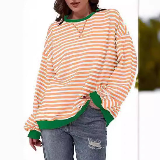 Damen Gestreifter Oversize Pullover mit Kontrastbündchen Drune