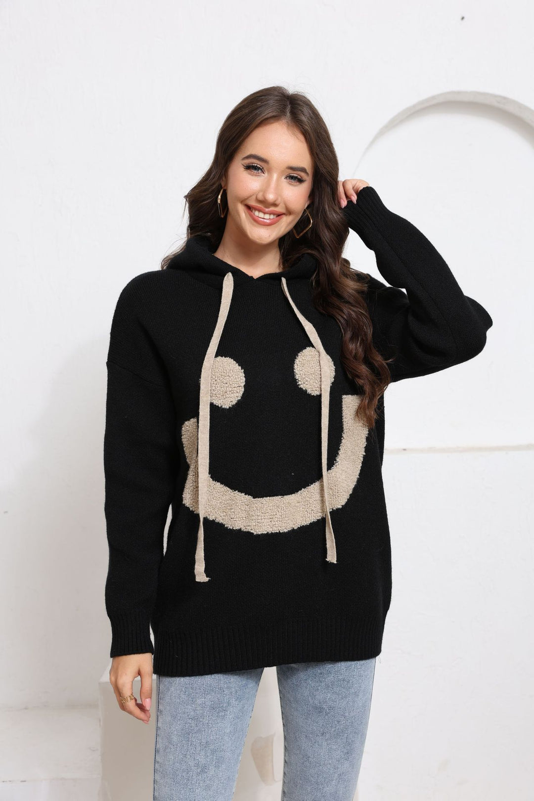 Damen Gemütlicher Kapuzenpullover mit Smiley-Design Drune
