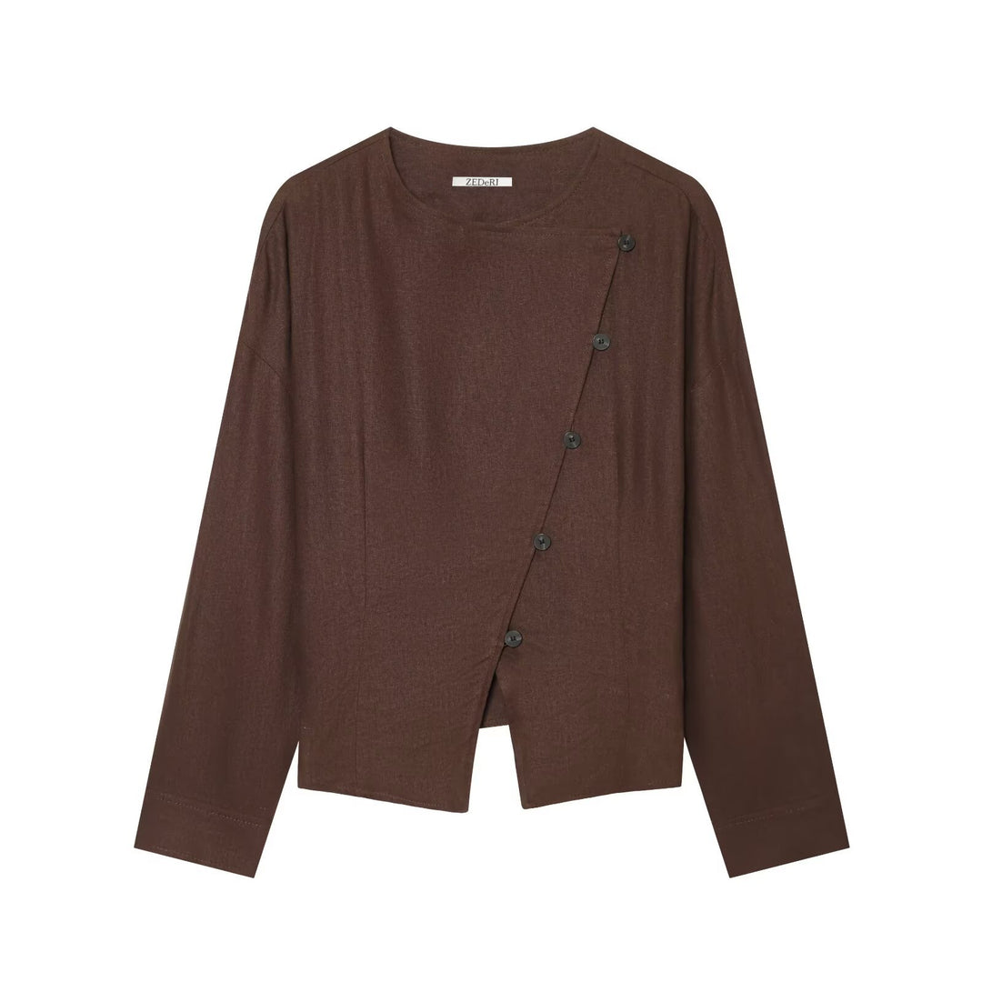 Damen Asymmetrische Leinenbluse mit diagonalem Knopfverschluss Drune