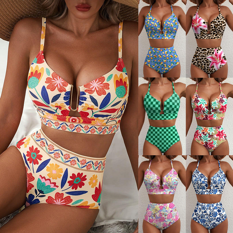 Damen Hoch geschnittener Bikini mit floralem Muster und Leo-Print Drune