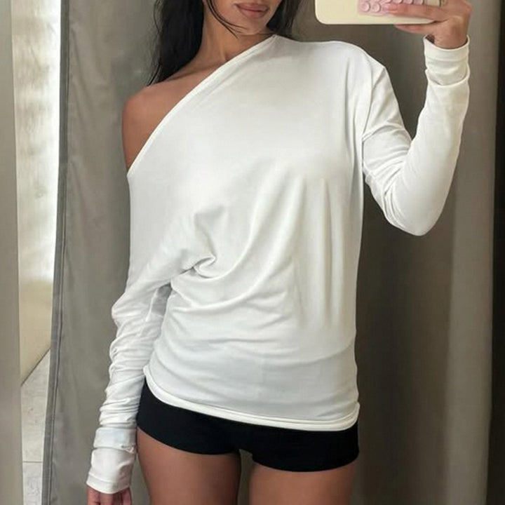 Damen nan asymmetrisches Off-Shoulder Longsleeve mit taillierter Silhouette und Daumenloch-Ärmeln Drune