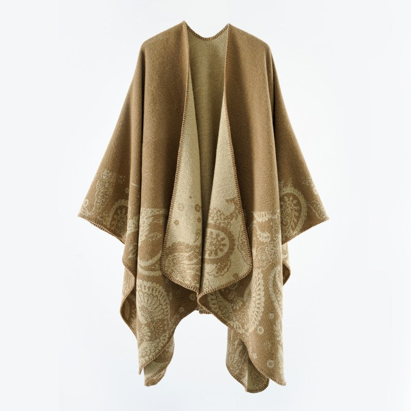 Damen Reversibler Jacquard-Capeponcho aus Wollmix mit Paisley-Motiv und offenem Fall Drune