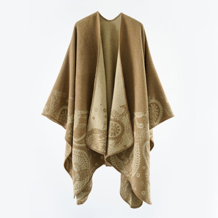 Damen Reversibler Jacquard-Capeponcho aus Wollmix mit Paisley-Motiv und offenem Fall Drune