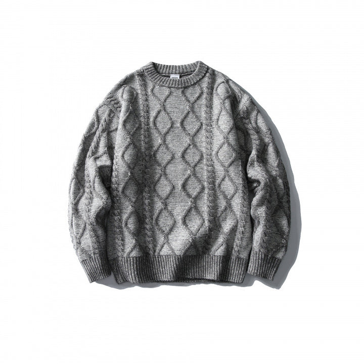 Unisex Oversize-Strickpullover mit Zopfmuster‑Jacquard, Rundhalsausschnitt und gerippten Bündchen Drune