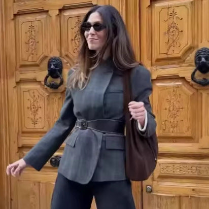 Damen nan taillierter Karo-Mantelblazer mit Stehkragen, asymmetrischer Knopfblende und Pattentaschen Drune