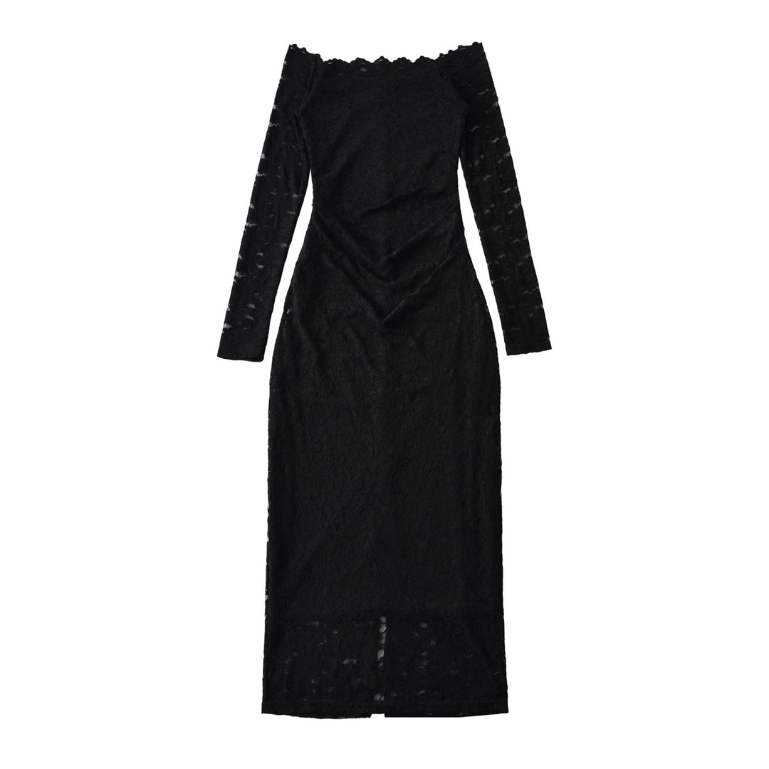 Damen Schulterfreies Spitzenkleid mit Taillenraffung und Langarm Drune