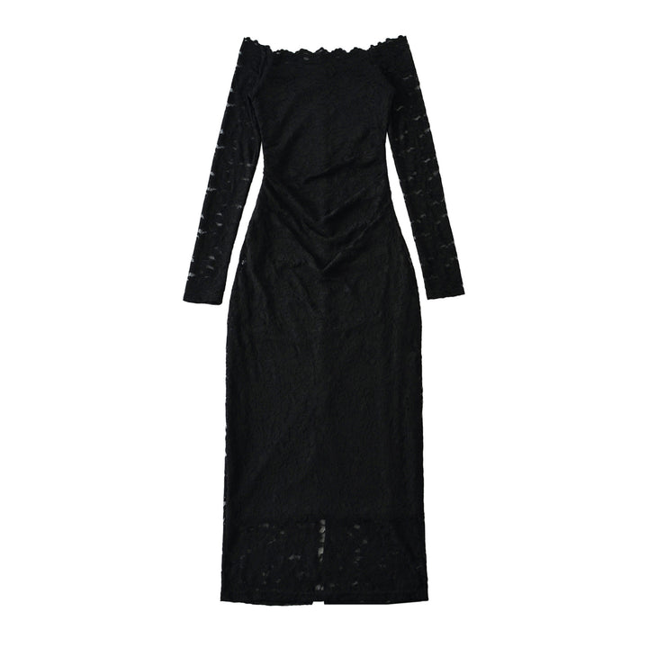 Damen Schulterfreies Spitzenkleid mit Taillenraffung und Langarm Drune