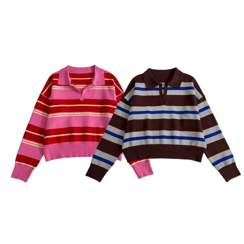 Damen Gestreifter Polokragen-Pullover mit kastiger Passform und V-Ausschnitt Drune