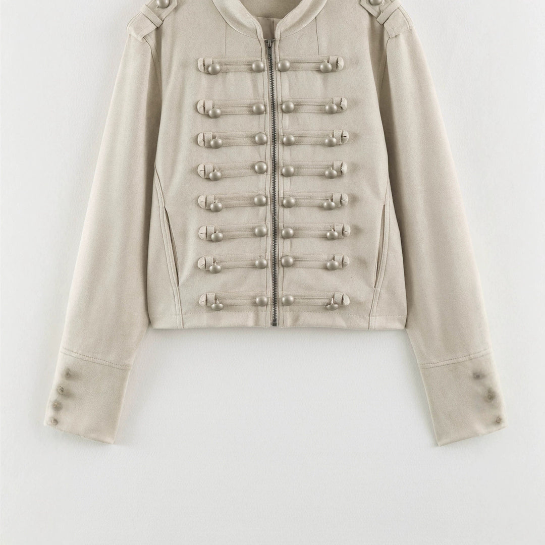 Damen Kurze Military-Jacke mit Zierknopfleiste und Stehkragen Drune