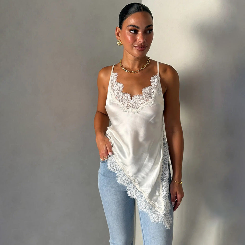 Damen Spitzentop mit asymmetrischem Schnitt und feinen Trägern Drune