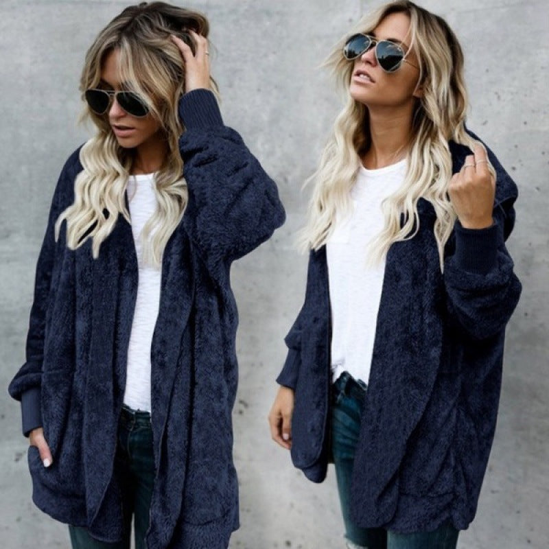 Damen Kuschelige Teddy‑Fleece‑Cardigan mit Kapuze, Oversize‑Schnitt und aufgesetzten Taschen Drune
