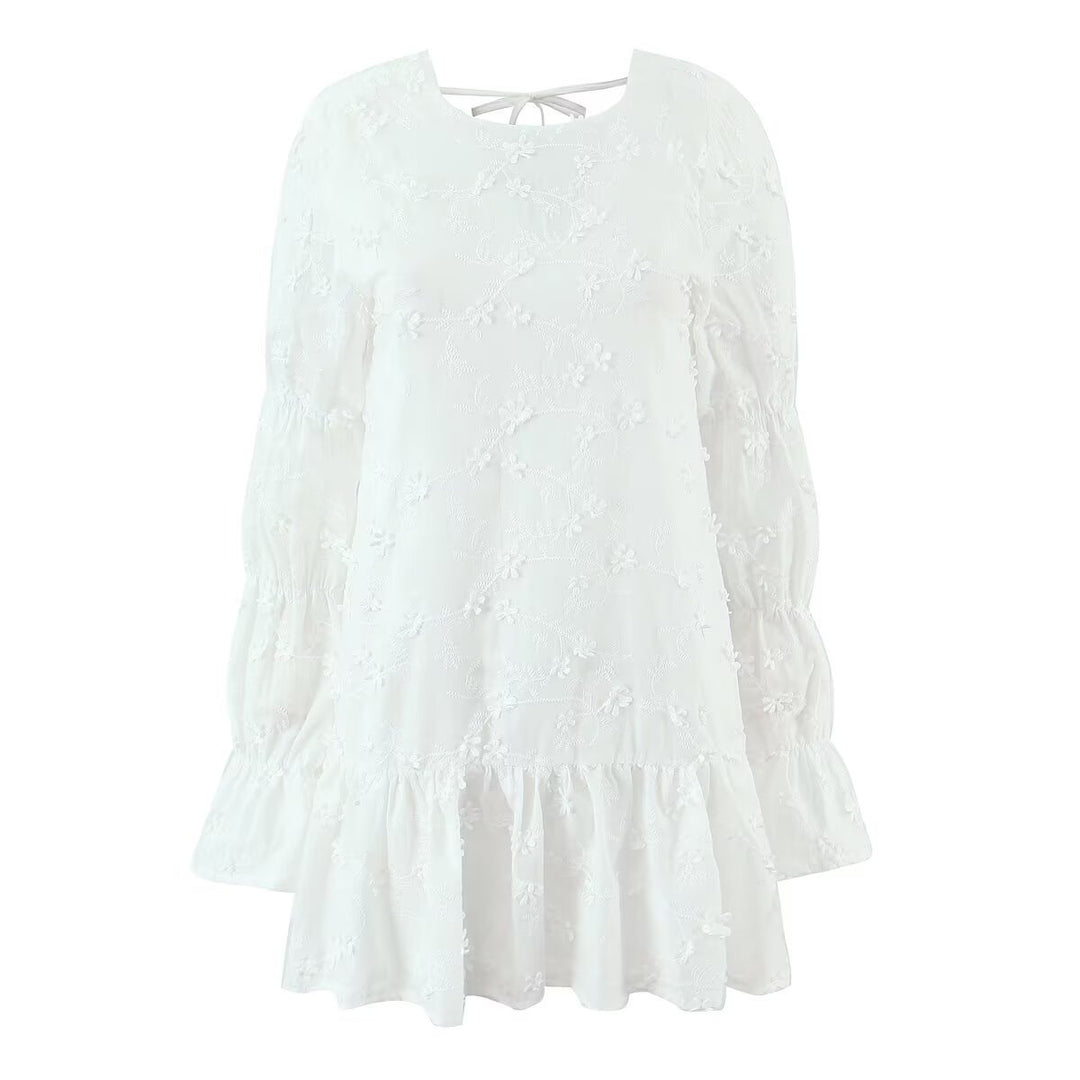 Damen luftiges Sommerkleid mit floralem Stickereidesign und voluminösen Ärmeln Drune