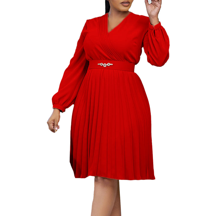 Damen Plissee Kleid mit festlichem Taillengürtel und elegantem V-Ausschnitt Drune