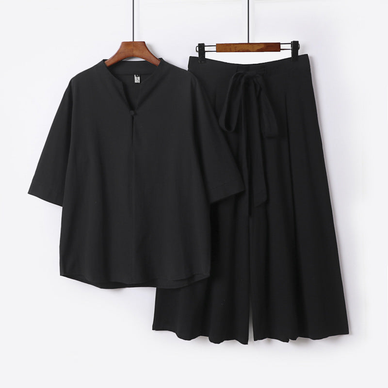 Damen Lässiges Leinen-Viskose Lounge-Set mit Stehkragen-Oberteil und weiten Palazzo-Hose Drune