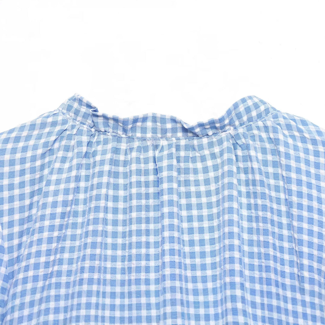 Damen Cropped-Bindeshirt mit Vichy-Karo, Rüschensaum und Ballonärmeln Drune