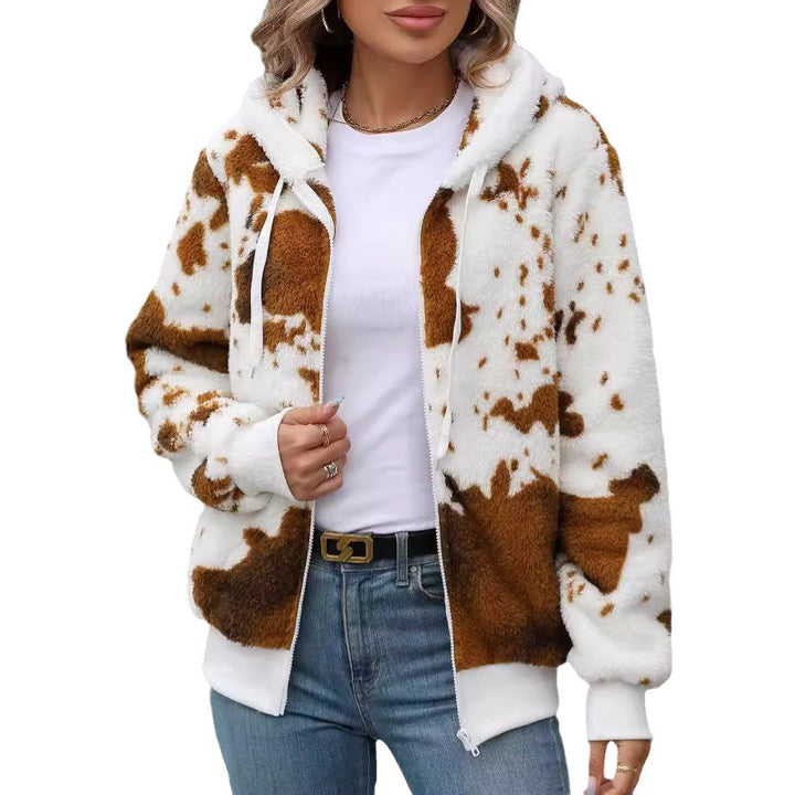 Damen Plüschjacke mit tierischem Muster und praktischen Taschen Drune
