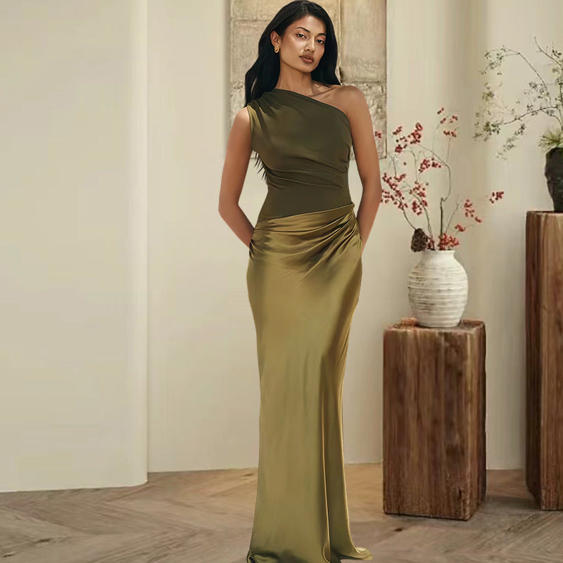 Damen Elegantes Asymmetrisches Abendkleid mit schimmerndem Satin Drune