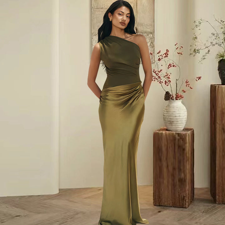 Damen Elegantes Asymmetrisches Abendkleid mit schimmerndem Satin Drune