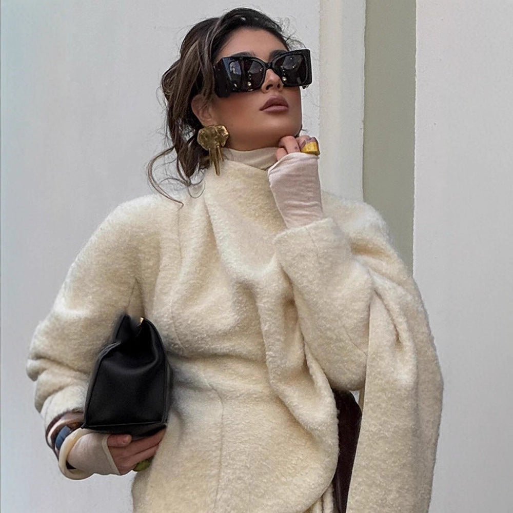 Damen Oversize Wollmix-Poncho mit asymmetrischem Fall und Bindebändern Drune