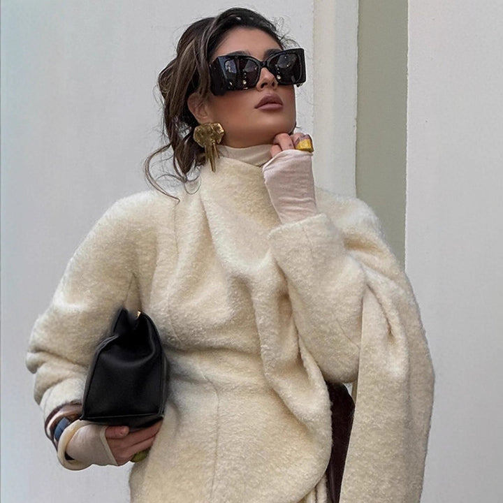 Damen Oversize Wollmix-Poncho mit asymmetrischem Fall und Bindebändern Drune