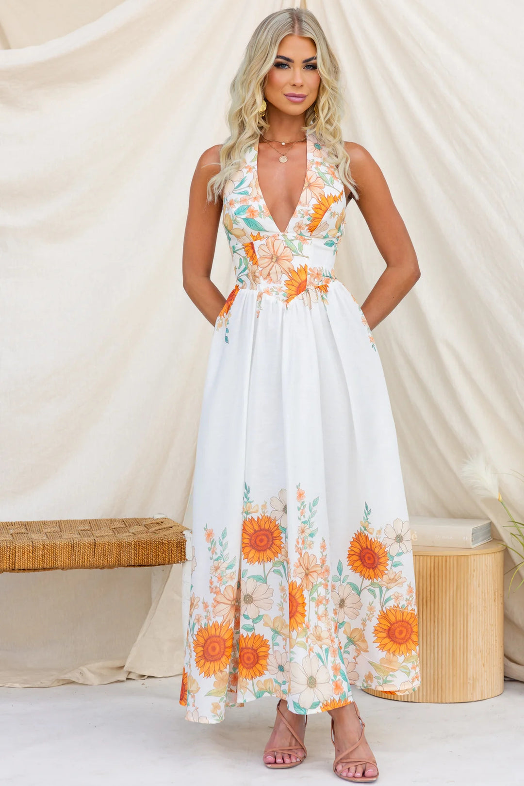 Damen Maxikleid mit tiefem V-Ausschnitt und floralem Print Drune