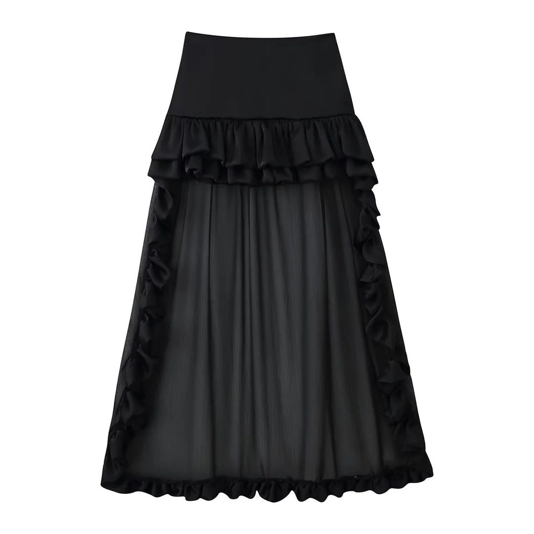 Damen nan Maxirock mit hoher Taille, mehrlagigen Volants und transparentem Tüll-Overlay Drune