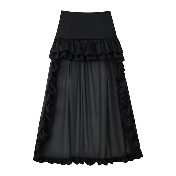 Damen nan Maxirock mit hoher Taille, mehrlagigen Volants und transparentem Tüll-Overlay Drune
