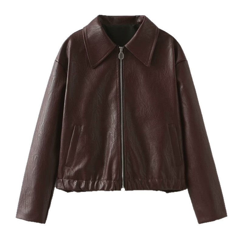 Damen modische Kunstlederjacke mit schlichter Eleganz und praktischen Taschen Drune