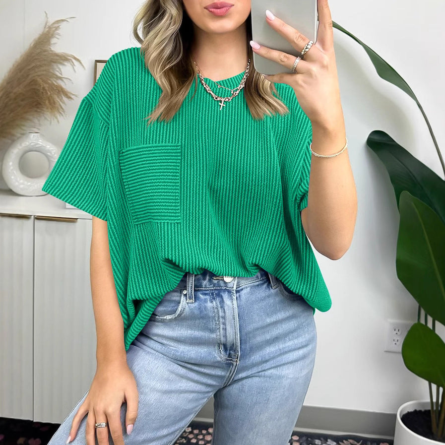 Damen lässiges gestreiftes T-Shirt mit Brusttasche Drune