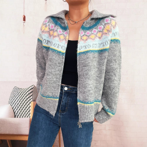 Damen Strickjacke mit floralem Muster und modernem Reißverschluss Drune